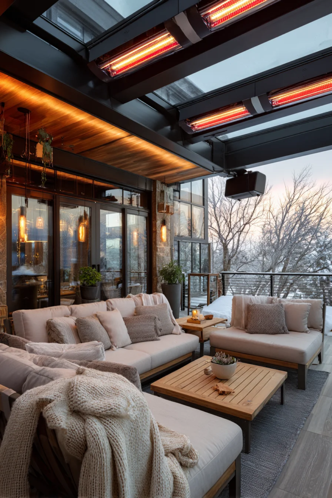 Outdoor patio room with heating system