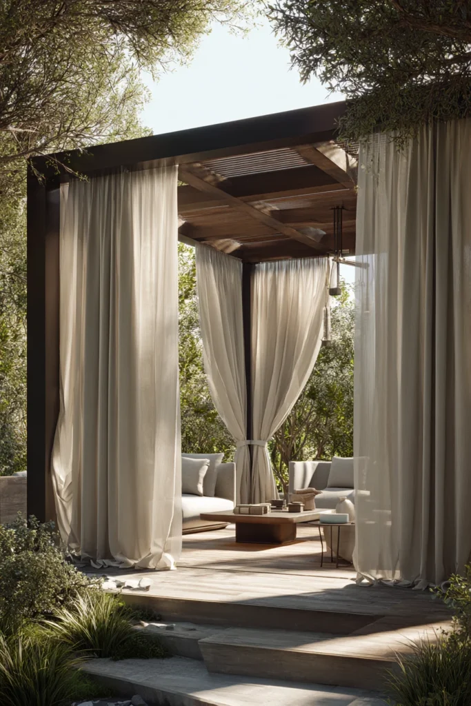 Pergola with weatherproof curtains or panels