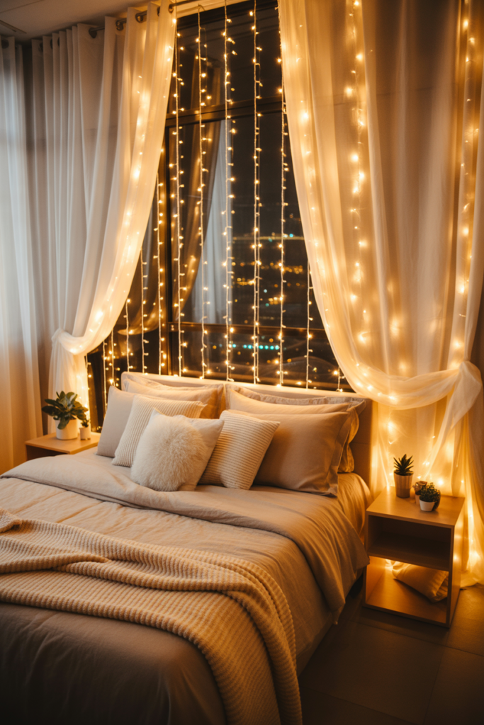 1. Curtain Fairy Lights Behind Sheer Drapes