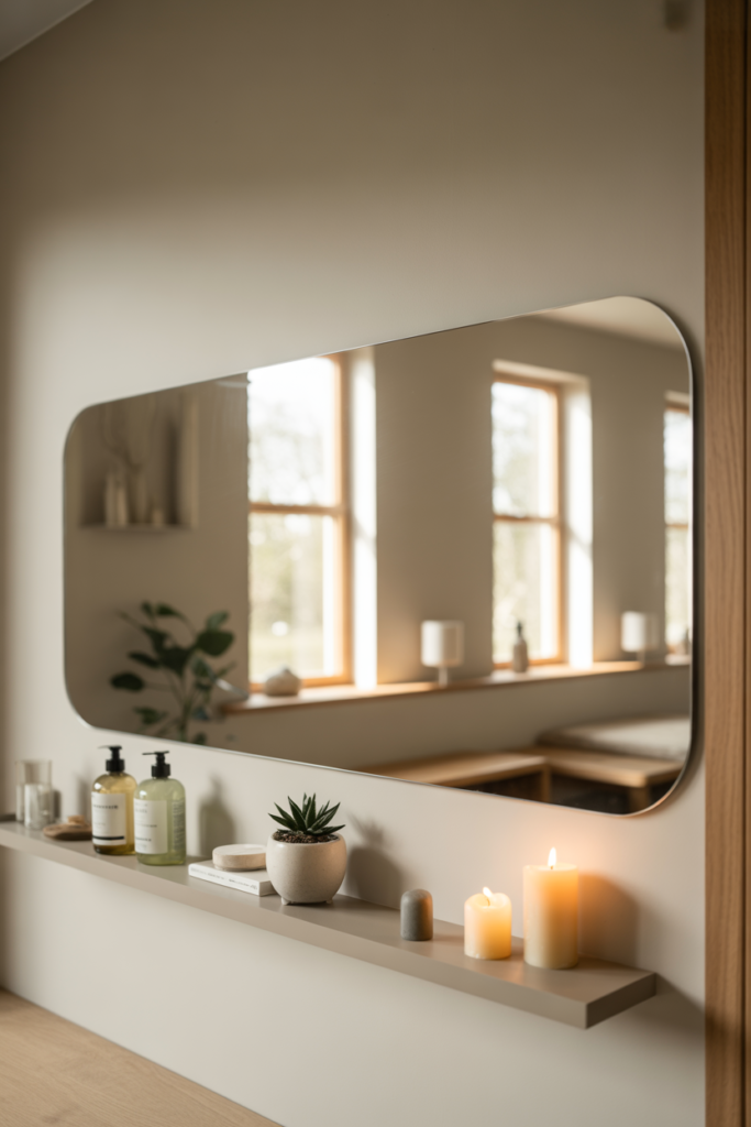 11. Frameless mirror shelf for clean minimal look