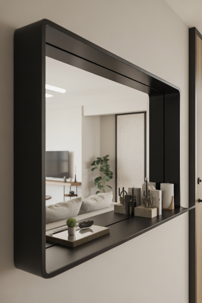 12. Black frame mirror shelf for strong contrast walls