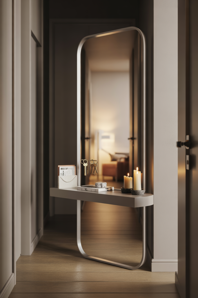14. Narrow hallway mirror shelf for tight spaces