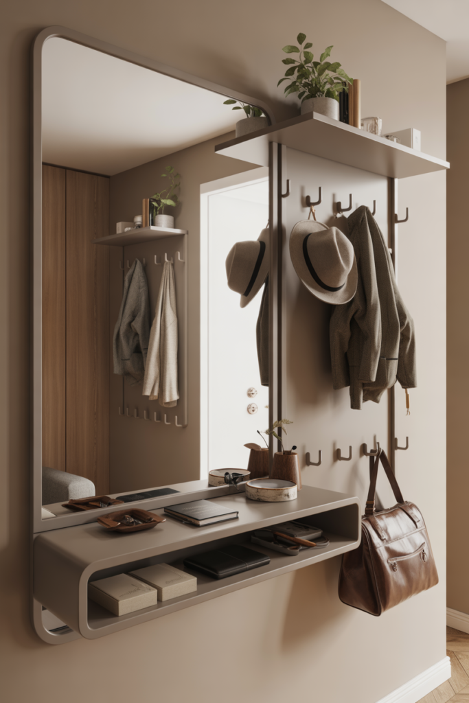 15. Entryway mirror with hooks and shelf for daily use