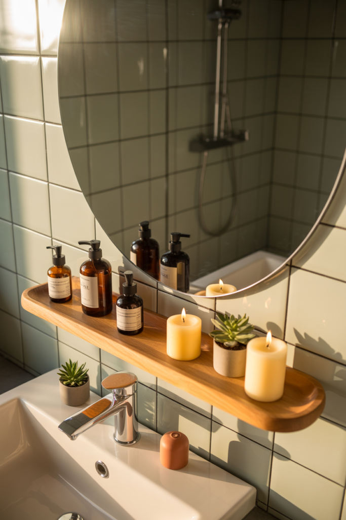 2. Round mirror with wooden shelf for soft bathroom style