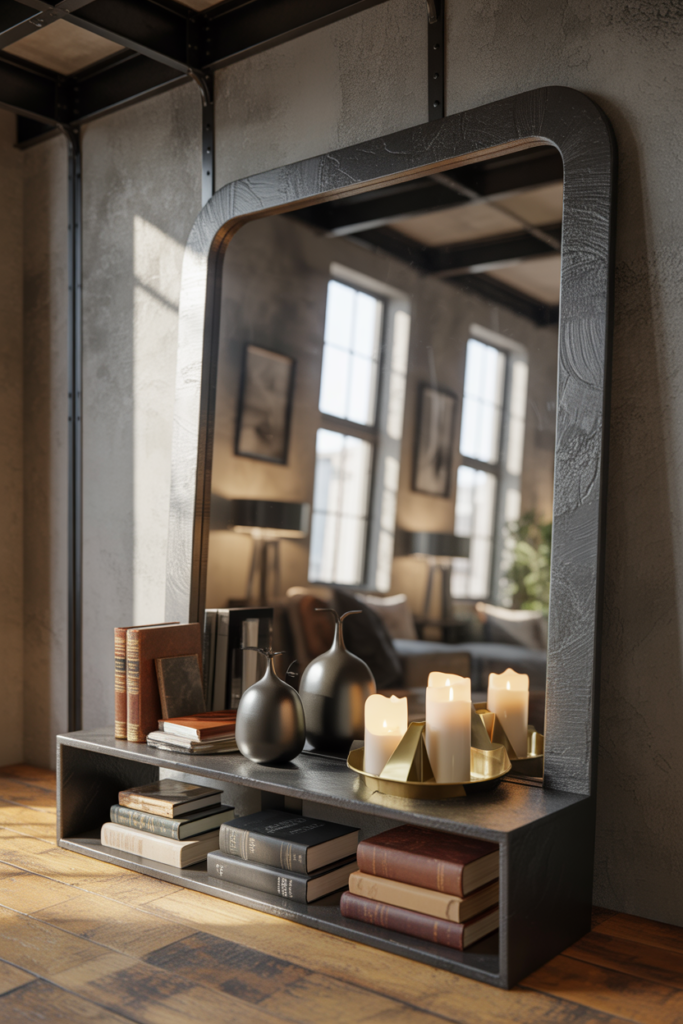 3. Industrial metal frame mirror shelf for bold rooms