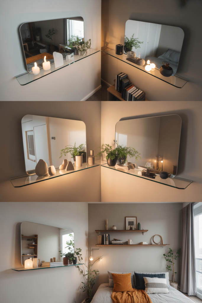 5. Corner mirror shelf for unused spaces