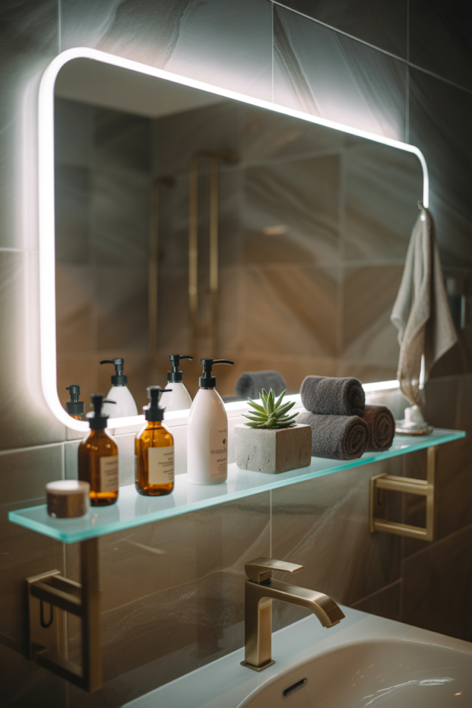 6. Backlit LED mirror shelf for modern bathrooms
