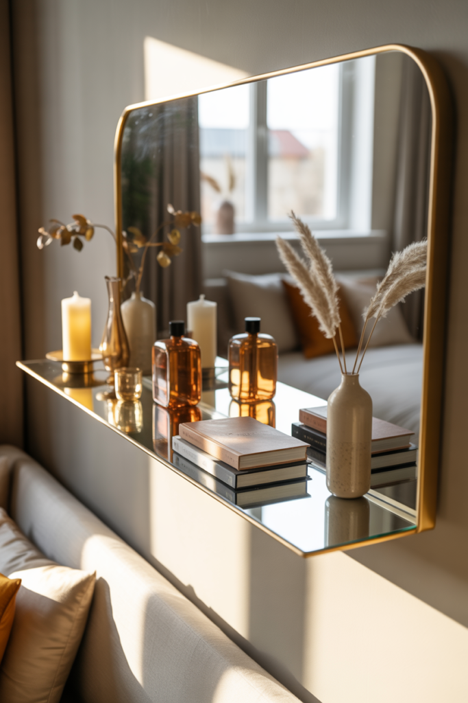 7. Gold accent mirror shelf for a soft luxury feel