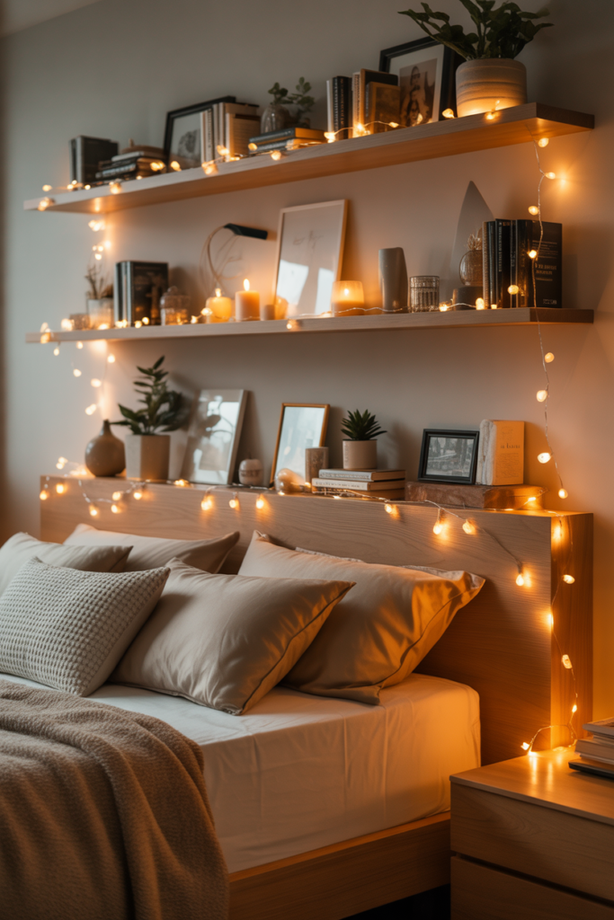 8. Fairy Lights Along Floating Shelves