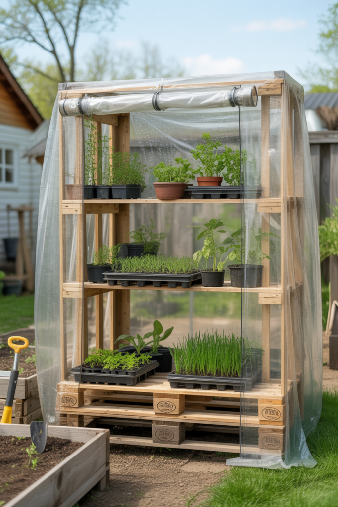 9. Freestanding pallet greenhouse frame