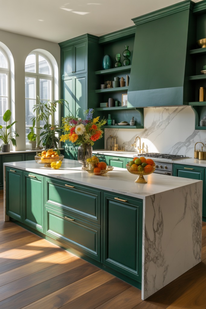 Forest green kitchen cabinets