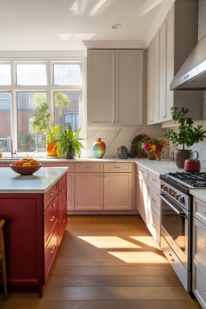Red accent kitchen cabinets