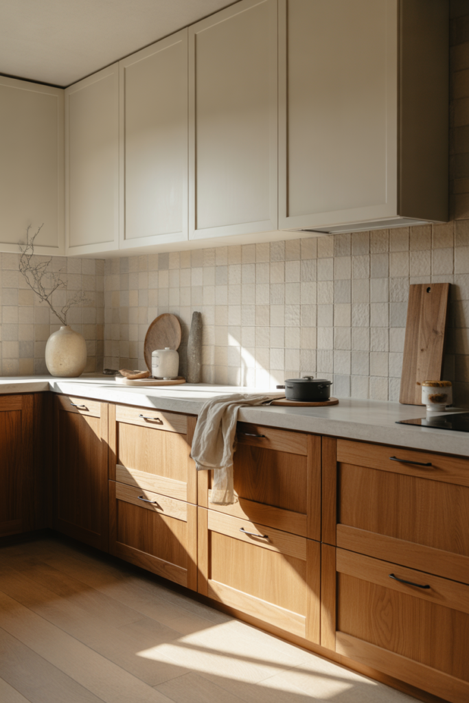 Warm Wood and Paint Mix Cabinets for a Balanced Look