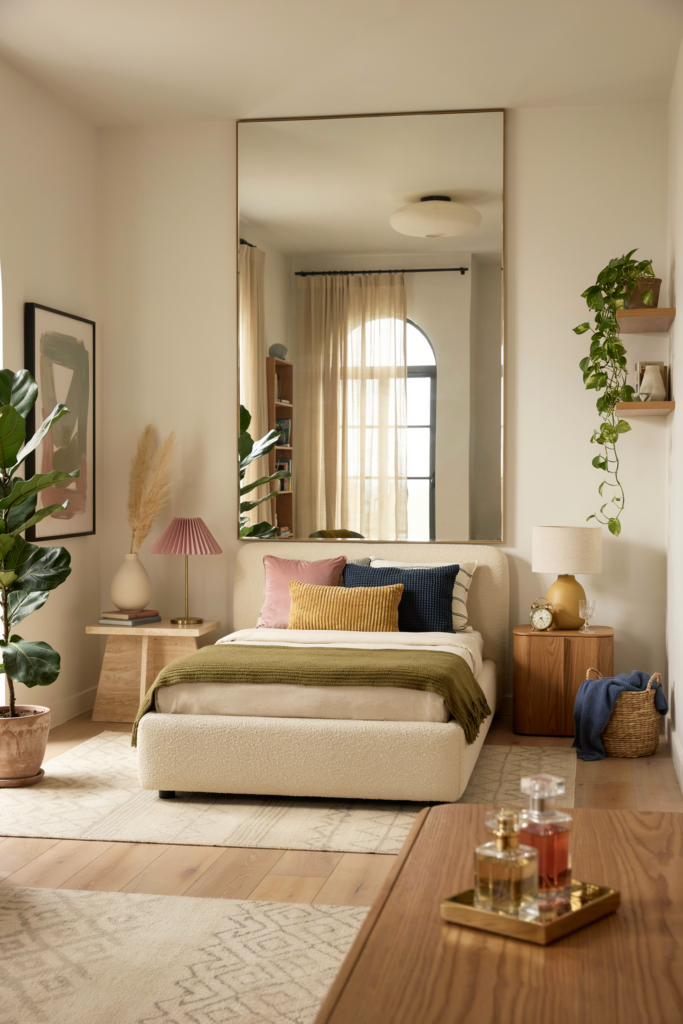 1. Large mirror placed behind the bed