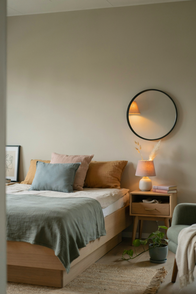 4. Round mirror above the nightstand
